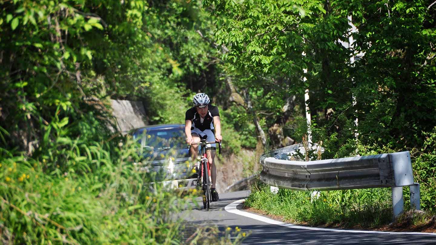 ヤビツ峠をロードバイクでヒルクライムするスタッフ最上