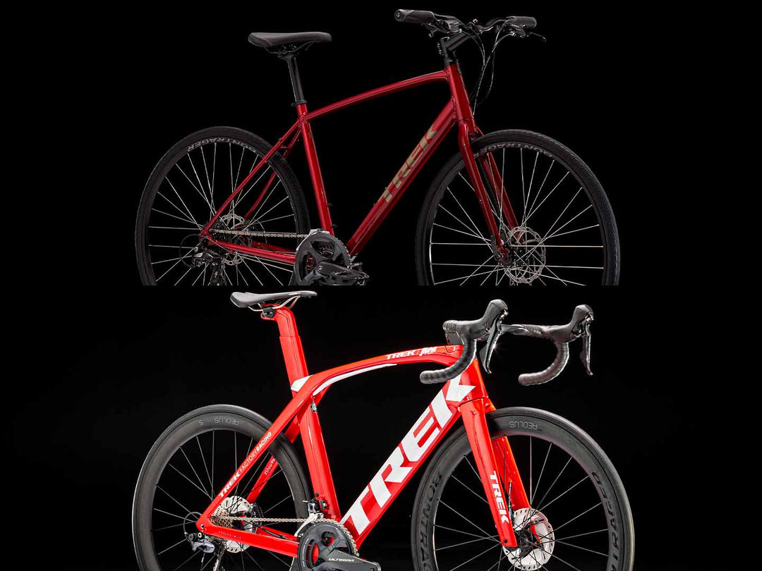 上が比較的リーズナブルな価格帯で展開されているクロスバイクの写真で下は超高価なロードバイクの写真