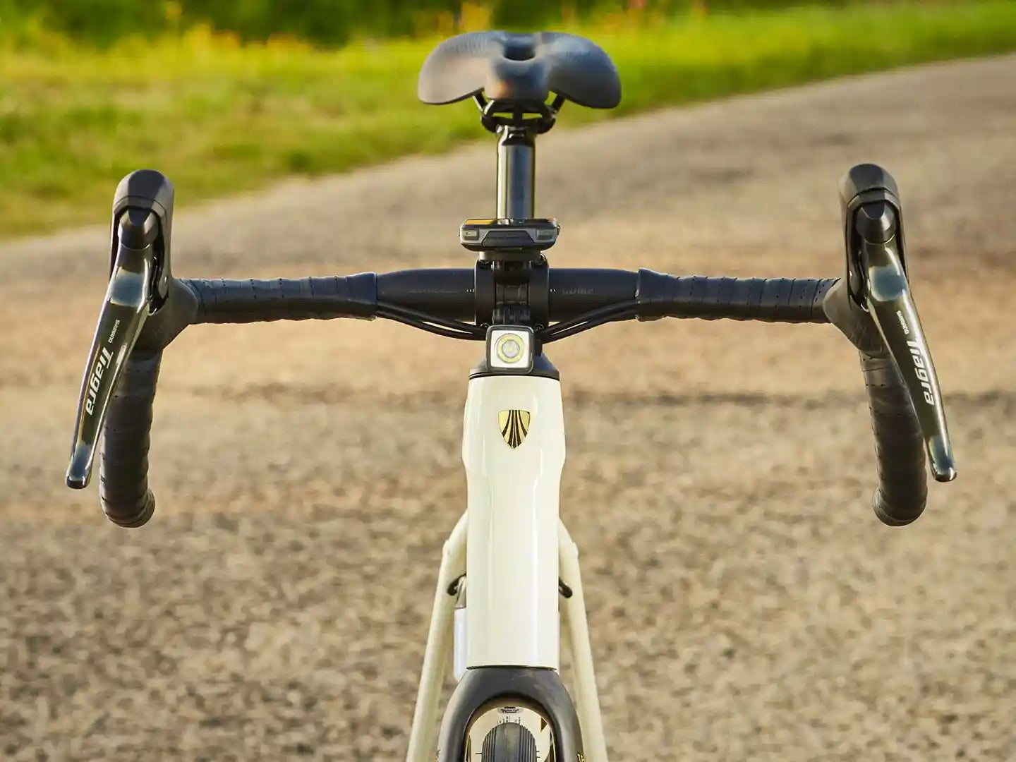 ドマーネALの乗りやすいドロップハンドル。ブレンダーでコンピューターとライトを装備