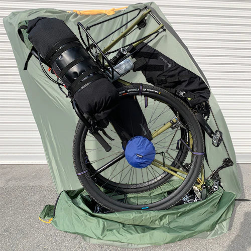 DAVOS G-110 グラベル輪行袋にフロントラック＆フレアハンドル付きグラベルバイクを収納した際のイメージ