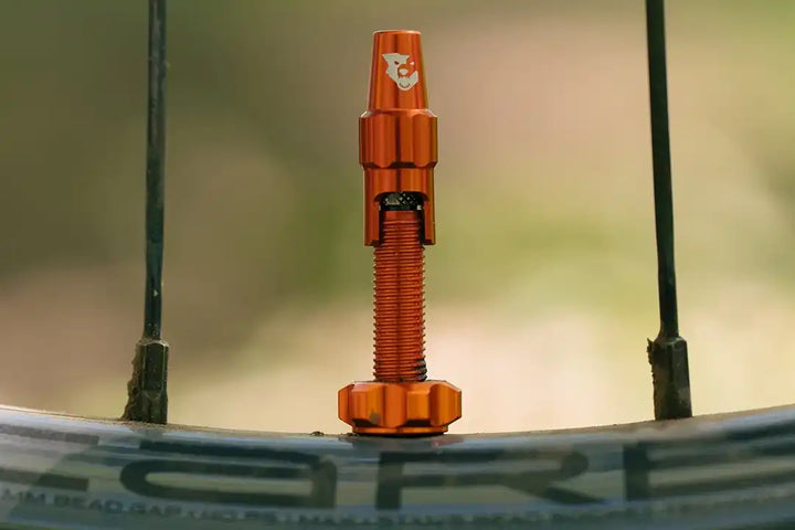 Wolf Tooth Tubeless Valve Stem Kit for Clik Valve （ウルフトゥース チューブレスバルブ クリックバルブ）オレンジをホイールに装着